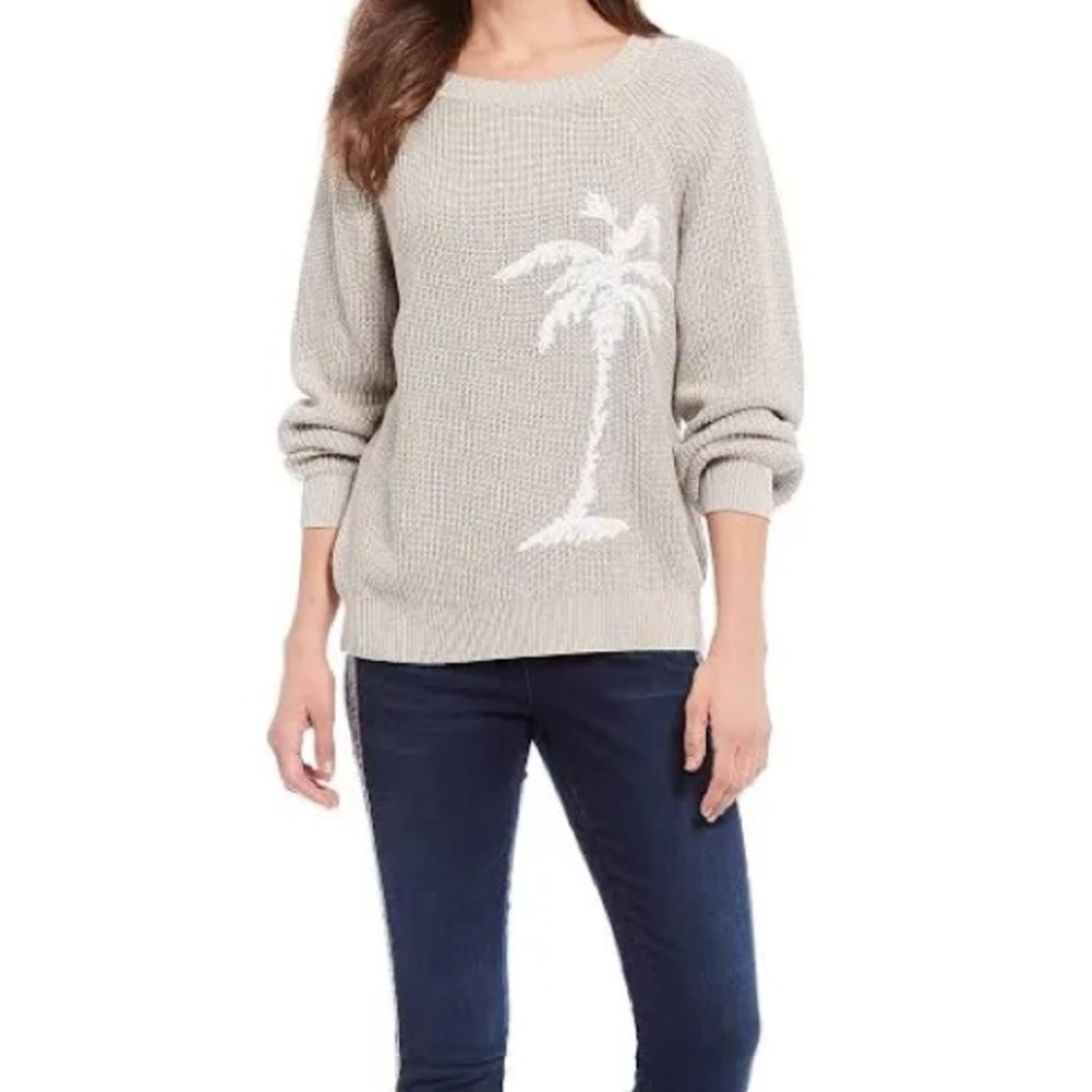 Tommy Bahama Breezy Palm Crewneck Pullover Knit Sweater Womens Oatmeal Gray XL